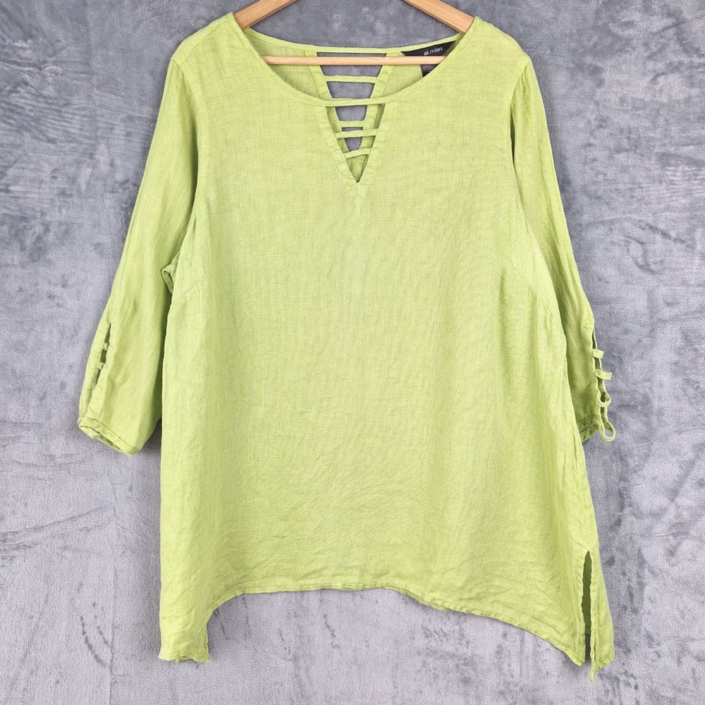 Ali Miles Top 1X Green Linen Lagenlook Artsy Boho Beach Coastal Resort Tunic